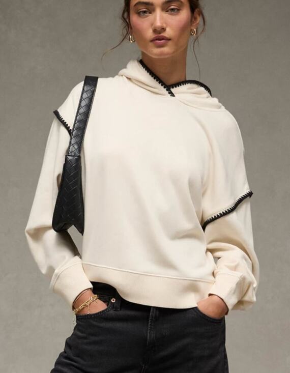 American Eagle Outfitters Tops - American Eagle Contrast Stitch Crossover Hoodie Cream Black Basic Size Medium